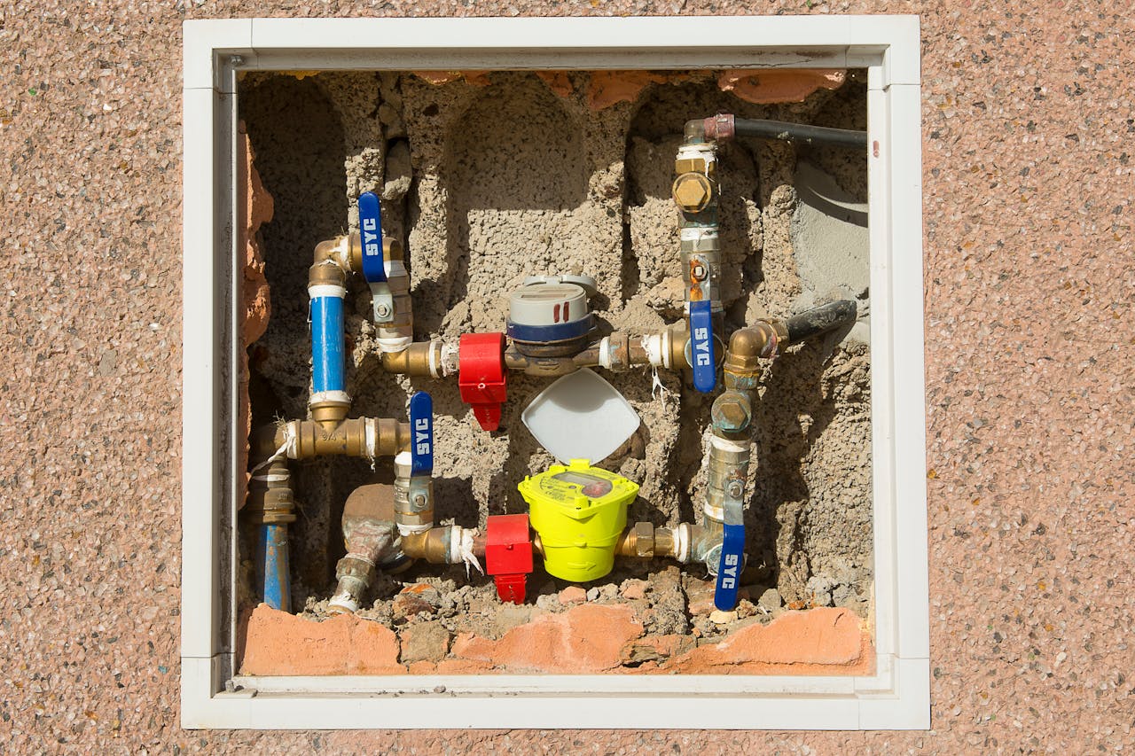 services-03 Detailed view of a complex water meter setup embedded in a concrete wall.